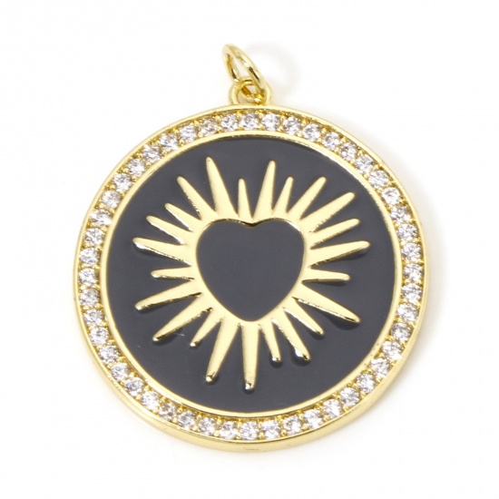 Picture of 1 Piece Eco-friendly Brass Micro Pave Pendants 18K Real Gold Plated Gray Round Sun Enamel 3.2cm x 2.6cm