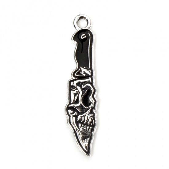 Picture of 10 PCs Zinc Based Alloy Halloween Charms Silver Tone Black Knife Skull Enamel 3.1cm x 0.7cm