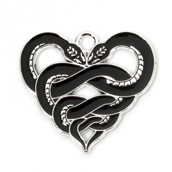 Picture of 10 PCs Zinc Based Alloy Halloween Charms Silver Tone Black Snake Animal Heart Enamel 22mm x 20mm