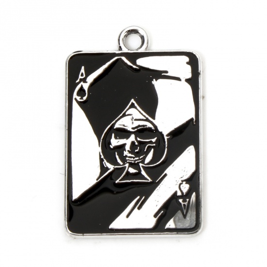 Picture of 10 PCs Zinc Based Alloy Halloween Charms Silver Tone Black Poker Card Skull Enamel 26mm x 17mm