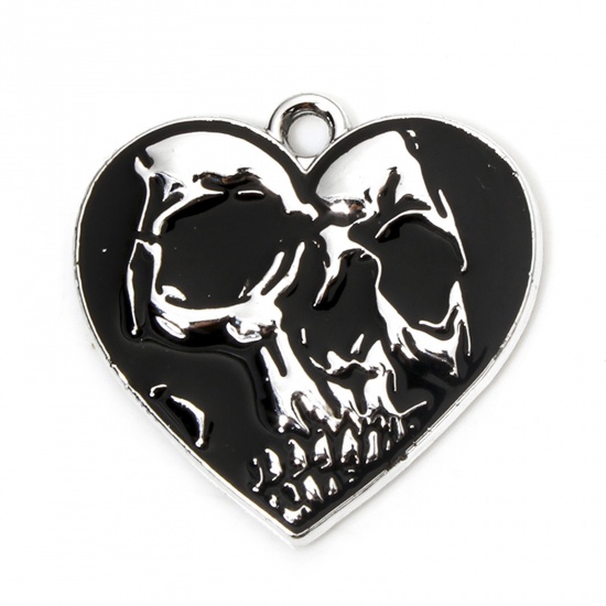 Picture of 10 PCs Zinc Based Alloy Halloween Charms Silver Tone Black Heart Skull Enamel 22mm x 21.5mm