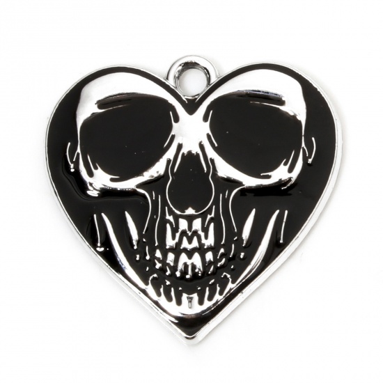 Immagine di 10 Pz Lega di Zinco Halloween Ciondoli Tono Argento Nero Cuore Cranio Smalto 22mm x 21.5mm