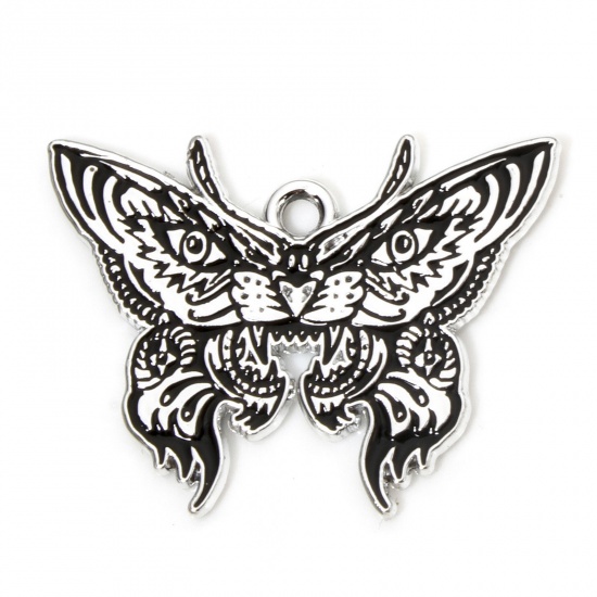 Picture of 10 PCs Zinc Based Alloy Halloween Charms Silver Tone Black Butterfly Animal Enamel 28mm x 21mm