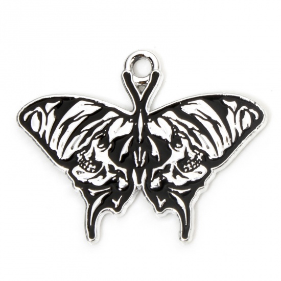 Picture of 10 PCs Zinc Based Alloy Halloween Charms Silver Tone Black Butterfly Animal Skull Enamel 28mm x 22mm