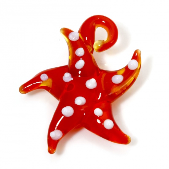 Immagine di 2 Pz Lampwork Vetro Lampwork Gioielli Oceanici Ciondoli Pendenti Stella di Mare Rosso 3D Circa 3cm x 2.8cm, Foro: Circa 3mm