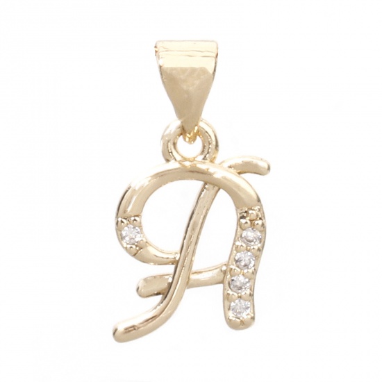 Picture of 1 Piece Eco-friendly Brass Charm Pendant 14K Real Gold Plated Capital Alphabet Initial Letter Message " A " Micro Pave Clear Cubic Zirconia 17mm x 9mm