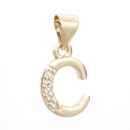 Picture of 1 Piece Eco-friendly Brass Charm Pendant 14K Real Gold Plated Capital Alphabet Initial Letter Message " C " Micro Pave Clear Cubic Zirconia 17mm x 8mm