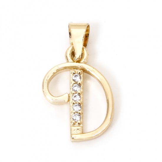 Picture of 1 Piece Eco-friendly Brass Charm Pendant 14K Real Gold Plated Capital Alphabet Initial Letter Message " D " Micro Pave Clear Cubic Zirconia 18mm x 10mm