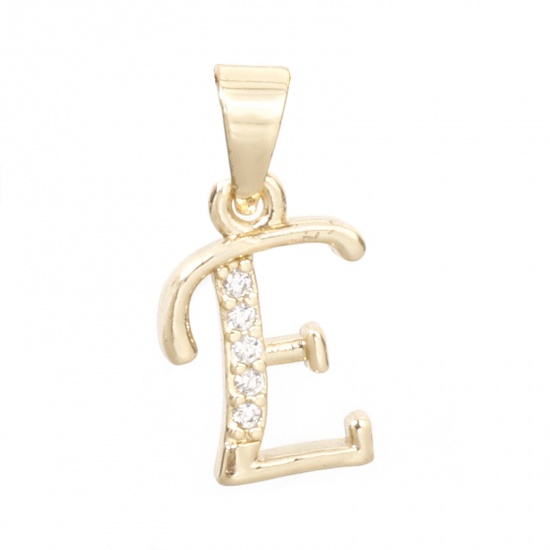 Picture of 1 Piece Eco-friendly Brass Charm Pendant 14K Real Gold Plated Capital Alphabet Initial Letter Message " E " Micro Pave Clear Cubic Zirconia 17mm x 9mm