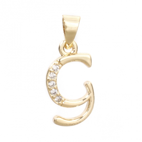 Picture of 1 Piece Eco-friendly Brass Charm Pendant 14K Real Gold Plated Capital Alphabet Initial Letter Message " G " Micro Pave Clear Cubic Zirconia 19mm x 8mm