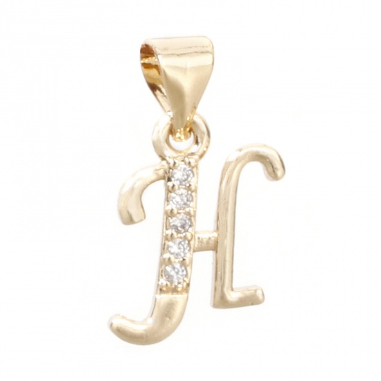 Picture of 1 Piece Eco-friendly Brass Charm Pendant 14K Real Gold Plated Capital Alphabet Initial Letter Message " H " Micro Pave Clear Cubic Zirconia 18mm x 10mm