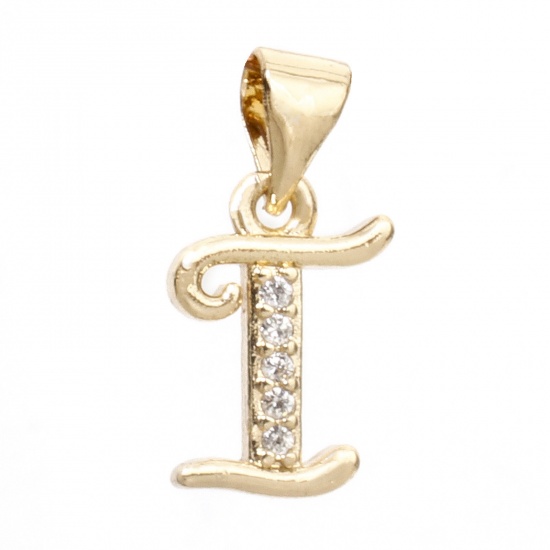 Picture of 1 Piece Eco-friendly Brass Charm Pendant 14K Real Gold Plated Capital Alphabet Initial Letter Message " I " Micro Pave Clear Cubic Zirconia 17mm x 8.5mm