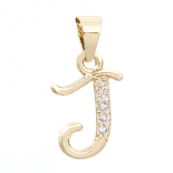 Picture of 1 Piece Eco-friendly Brass Charm Pendant 14K Real Gold Plated Capital Alphabet Initial Letter Message " J " Micro Pave Clear Cubic Zirconia 18mm x 9mm