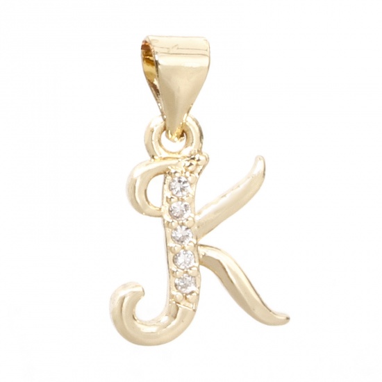 Picture of 1 Piece Eco-friendly Brass Charm Pendant 14K Real Gold Plated Capital Alphabet Initial Letter Message " K " Micro Pave Clear Cubic Zirconia 18mm x 10mm