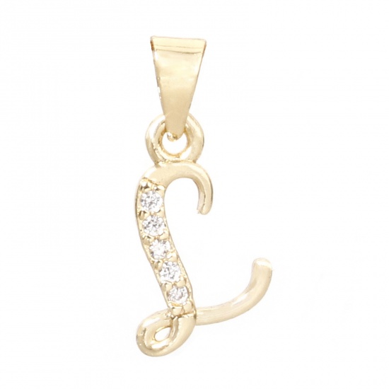 Picture of 1 Piece Eco-friendly Brass Charm Pendant 14K Real Gold Plated Capital Alphabet Initial Letter Message " L " Micro Pave Clear Cubic Zirconia 18mm x 8mm