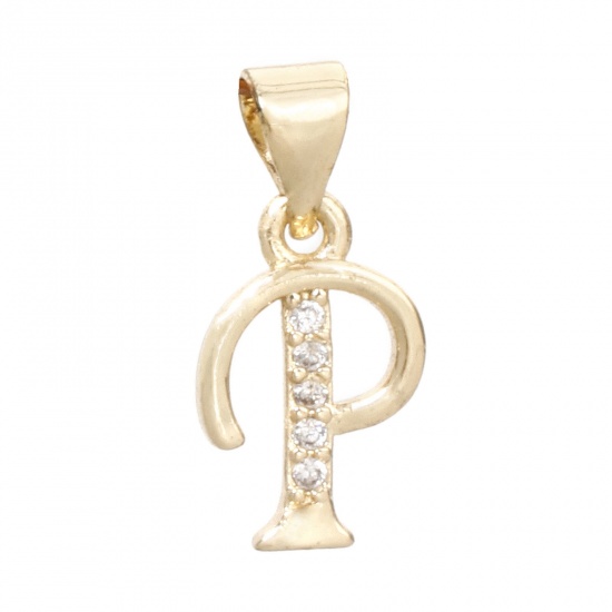 Picture of 1 Piece Eco-friendly Brass Charm Pendant 14K Real Gold Plated Capital Alphabet Initial Letter Message " P " Micro Pave Clear Cubic Zirconia 17mm x 8mm