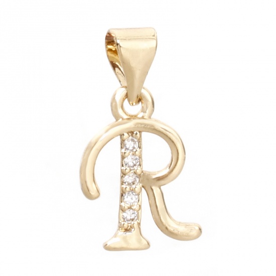 Picture of 1 Piece Eco-friendly Brass Charm Pendant 14K Real Gold Plated Capital Alphabet Initial Letter Message " R " Micro Pave Clear Cubic Zirconia 17mm x 10mm