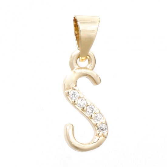 Picture of 1 Piece Eco-friendly Brass Charm Pendant 14K Real Gold Plated Capital Alphabet Initial Letter Message " S " Micro Pave Clear Cubic Zirconia 17mm x 6mm