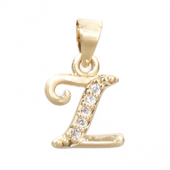 Picture of 1 Piece Eco-friendly Brass Charm Pendant 14K Real Gold Plated Capital Alphabet Initial Letter Message " Z " Micro Pave Clear Cubic Zirconia 15mm x 9mm