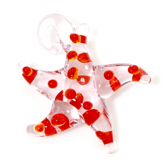 Picture of 2 PCs Lampwork Glass Ocean Jewelry Pendants Pink Star Fish Dot 3D 3cm x 2.8cm