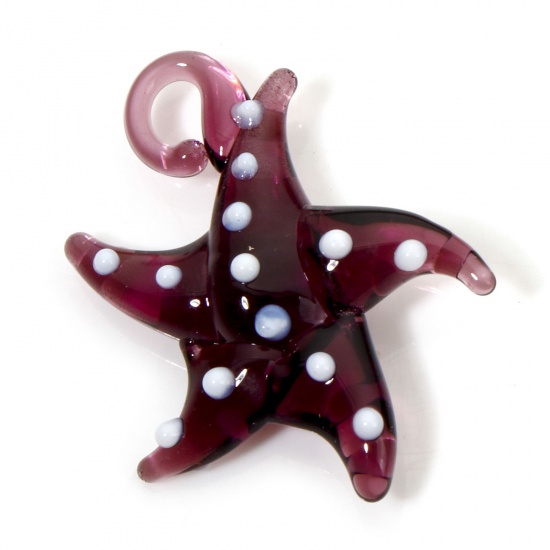 Picture of 2 PCs Lampwork Glass Ocean Jewelry Pendants Coffee Star Fish Dot 3D 3cm x 2.8cm