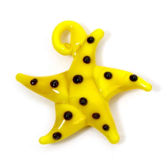 Picture of 2 PCs Lampwork Glass Ocean Jewelry Pendants Yellow Star Fish Dot 3D 3cm x 2.8cm