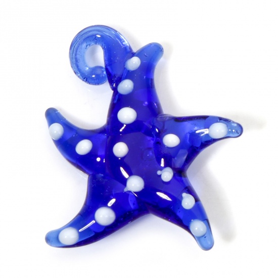 Picture of 2 PCs Lampwork Glass Ocean Jewelry Pendants Blue Star Fish Dot 3D 3cm x 2.8cm