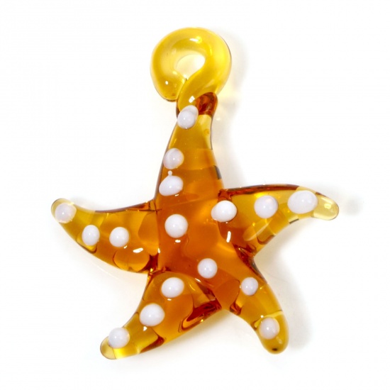 Picture of 2 PCs Lampwork Glass Ocean Jewelry Pendants Amber Star Fish Dot 3D 3cm x 2.8cm