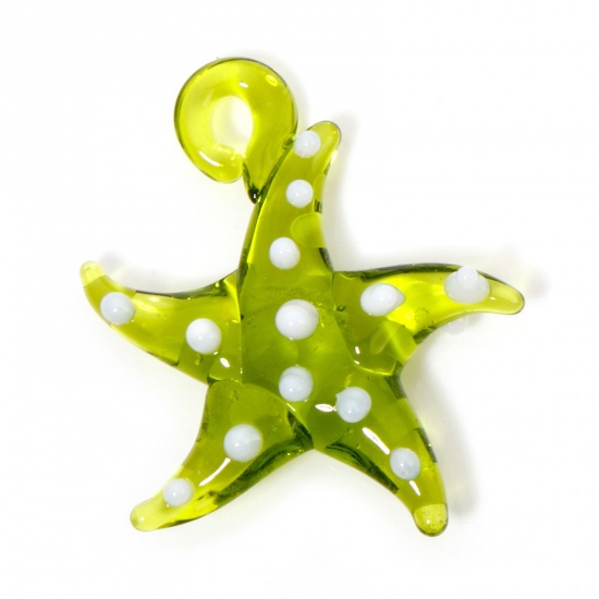 Picture of 2 PCs Lampwork Glass Ocean Jewelry Pendants Olive Green Star Fish Dot 3D 3cm x 2.8cm