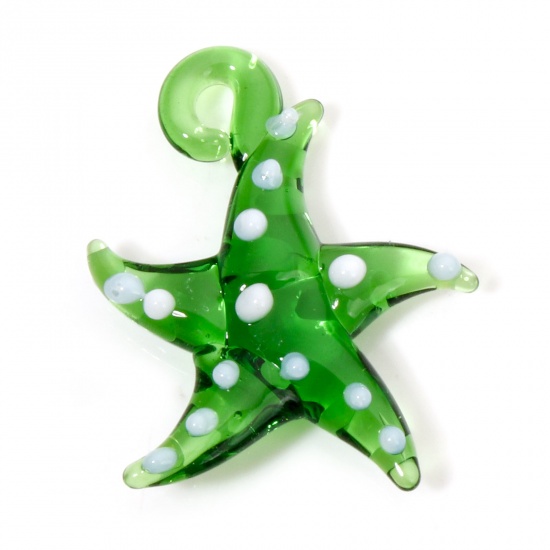 Picture of 2 PCs Lampwork Glass Ocean Jewelry Pendants Green Star Fish Dot 3D 3cm x 2.8cm