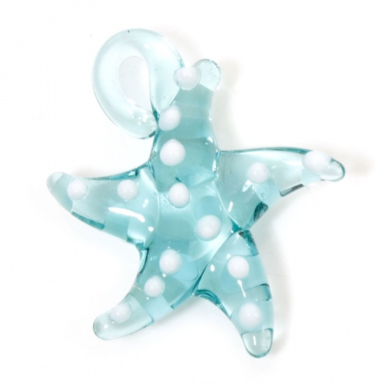 Picture of 2 PCs Lampwork Glass Ocean Jewelry Pendants Mint Green Star Fish Dot 3D 3cm x 2.8cm