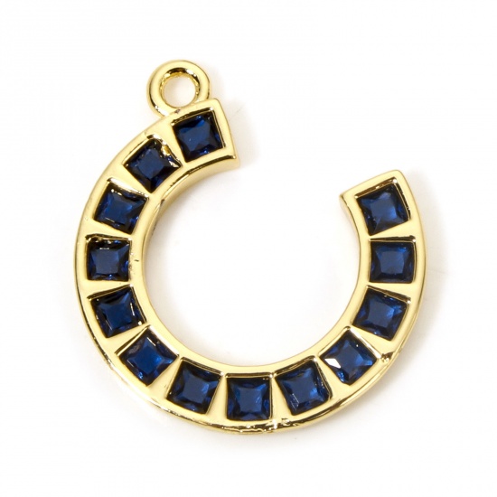 Picture of 1 Piece Eco-friendly Brass West Cowboy Charms 18K Real Gold Plated Luck Horseshoe Micro Pave Deep Blue Cubic Zirconia 20mm x 20mm