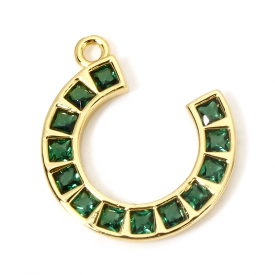 Picture of 1 Piece Eco-friendly Brass West Cowboy Charms 18K Real Gold Plated Luck Horseshoe Micro Pave Green Cubic Zirconia 20mm x 20mm