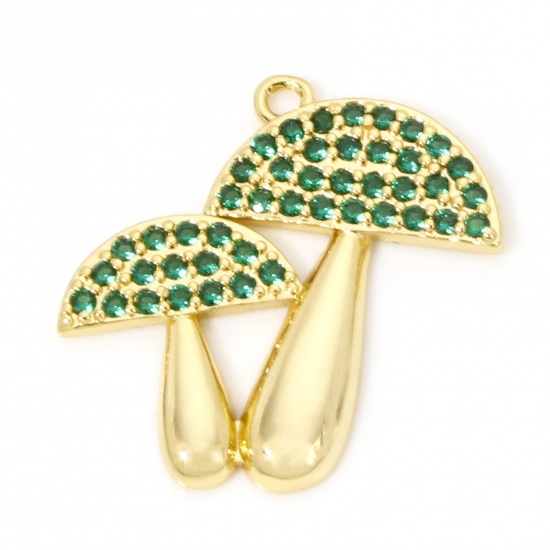 Imagen de 1 Unidad Respetuoso del Medio Ambiente Latón Colgantes Seta 18K Oro Real Chapado Micro Pave Verde Circón Artificial 26mm x 25mm