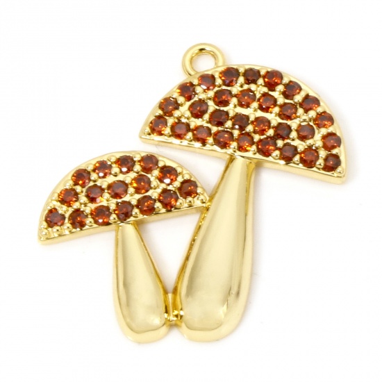 Imagen de 1 Unidad Respetuoso del Medio Ambiente Latón Colgantes Seta 18K Oro Real Chapado Micro Pave Rojo Circón Artificial 26mm x 25mm