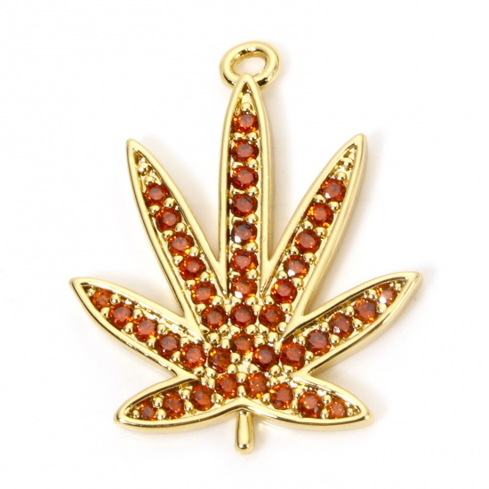 Picture of 1 Piece Eco-friendly Brass Charms 18K Real Gold Plated Leaf Micro Pave Red Cubic Zirconia 25mm x 20mm