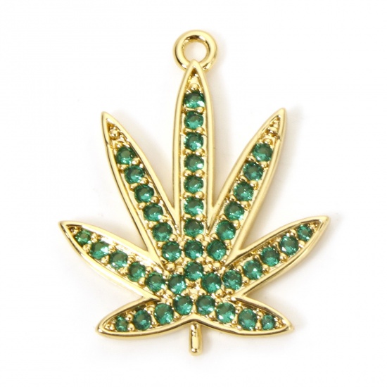 Picture of 1 Piece Eco-friendly Brass Charms 18K Real Gold Plated Leaf Micro Pave Green Cubic Zirconia 25mm x 20mm