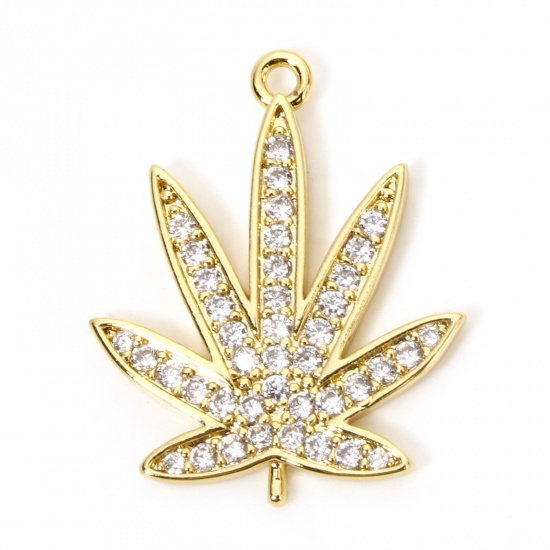 Picture of 1 Piece Eco-friendly Brass Charms 18K Real Gold Plated Leaf Micro Pave Clear Cubic Zirconia 25mm x 20mm