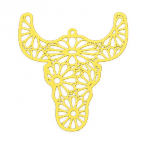 Immagine di 10 Pz Lega di Ferro Filigree Stamping Ciondoli Pendenti Giallo Testa di Toro/Testa di Mucca Filigrana 4cm x 3.6cm