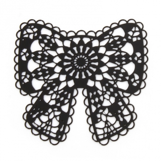 Picture of 10 PCs Iron Based Alloy Filigree Stamping Connectors Charms Pendants Black Bowknot Hollow 3.7cm x 3.6cm