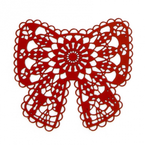 Picture of 10 PCs Iron Based Alloy Filigree Stamping Connectors Charms Pendants Red Bowknot Hollow 3.7cm x 3.6cm