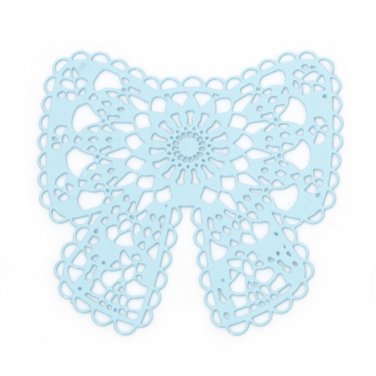 Picture of 10 PCs Iron Based Alloy Filigree Stamping Connectors Charms Pendants Blue Bowknot Hollow 3.7cm x 3.6cm