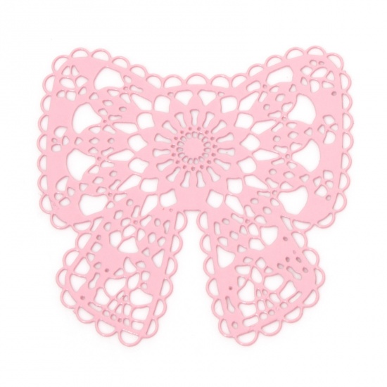 Picture of 10 PCs Iron Based Alloy Filigree Stamping Connectors Charms Pendants Pink Bowknot Hollow 3.7cm x 3.6cm