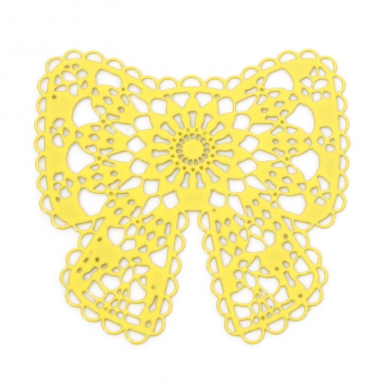 Picture of 10 PCs Iron Based Alloy Filigree Stamping Connectors Charms Pendants Yellow Bowknot Hollow 3.7cm x 3.6cm