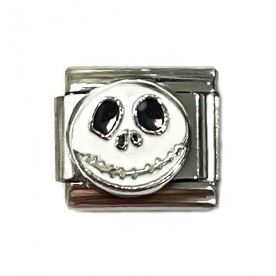 Picture of 1 Piece Stainless Steel Italian Charm Links For DIY Bracelet Jewelry Making Silver Tone Rectangle Halloween Skeleton Skull 10mm x 9mm