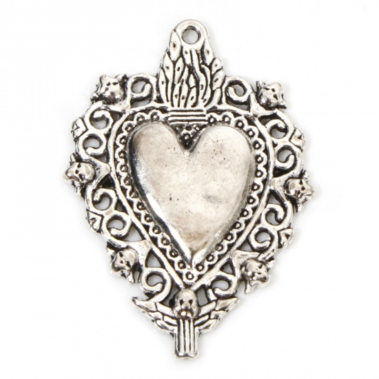 Picture of 20 PCs Zinc Based Alloy Religious Pendants Antique Silver Color Ex Voto Heart 4.1cm x 2.9cm