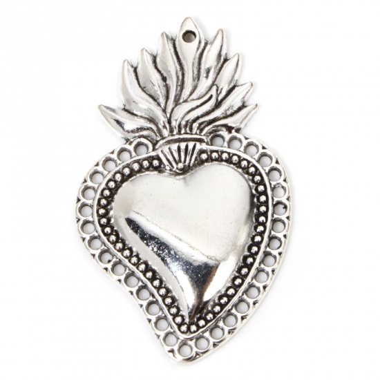 Picture of 20 PCs Zinc Based Alloy Religious Pendants Antique Silver Color Ex Voto Heart 4.8cm x 2.9cm