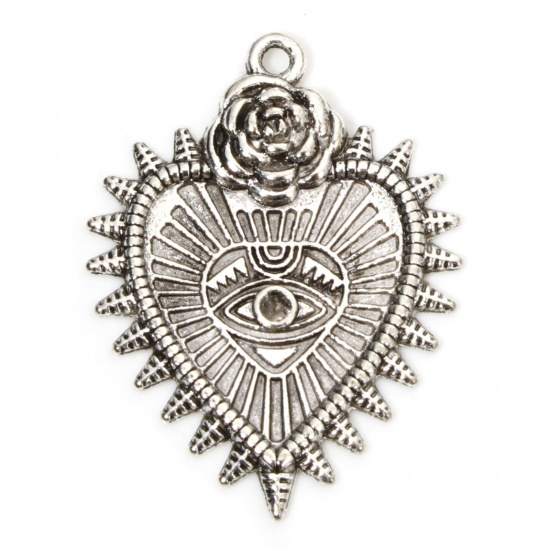 Picture of 20 PCs Zinc Based Alloy Religious Pendants Antique Silver Color Ex Voto Heart Eye of Providence/ All-seeing Eye (Can Hold ss8 Pointed Back Rhinestone) 3.8cm x 2.9cm