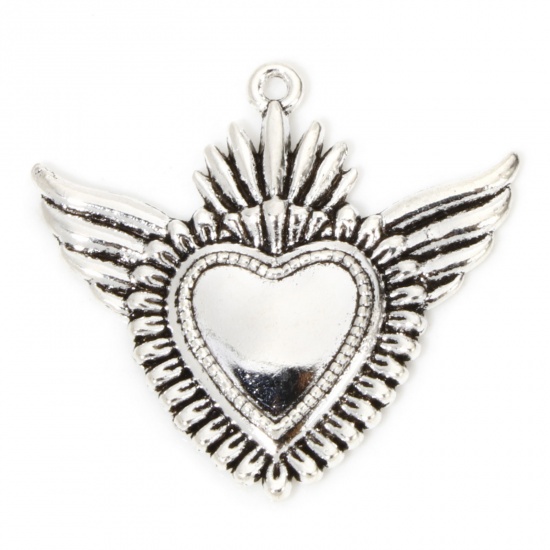 Picture of 20 PCs Zinc Based Alloy Religious Pendants Antique Silver Color Ex Voto Heart Wing 3.9cm x 3.6cm