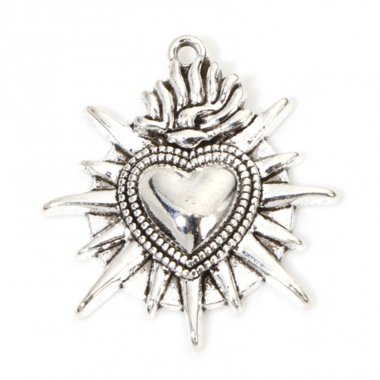 Picture of 20 PCs Zinc Based Alloy Religious Charms Antique Silver Color Ex Voto Heart Sun 26mm x 24mm